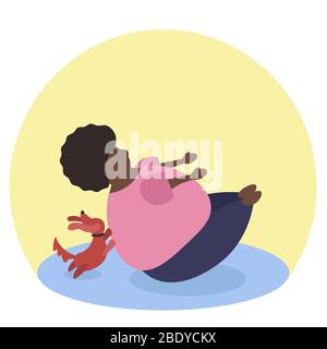 Grosse femme africaine drôle faisant la pose de Paripurna Navasana ou de bateau complet. Son chien aide son exercice de laoth. Illustration au format vectoriel Illustration de Vecteur