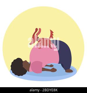 FAT drôle de femme africaine faisant la pose de chakrasana. Son chien l'aide avec l'exercice. Illustration au format vectoriel Illustration de Vecteur