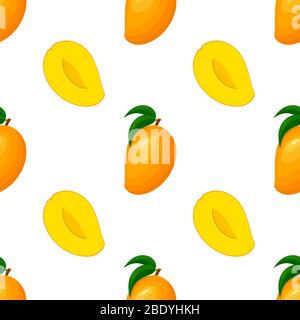 Motif sans couture avec une mangue fraîche et exotique entière et coupée en tranches sur fond blanc. Fruits d'été pour un style de vie sain. Fruits biologiques. Voiture Illustration de Vecteur