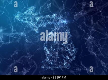 La carte du Michigan indiquant un réseau de points et de lignes connectés. (série) Banque D'Images