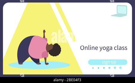 Carte pour cours de yoga en ligne. Femme afro-américaine au corps pratique du yoga faisant Trikonasana Illustration de Vecteur