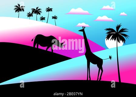 Illustration vectorielle de l'Afrique avec silhouettes et palmiers animaux. Illustration de Vecteur