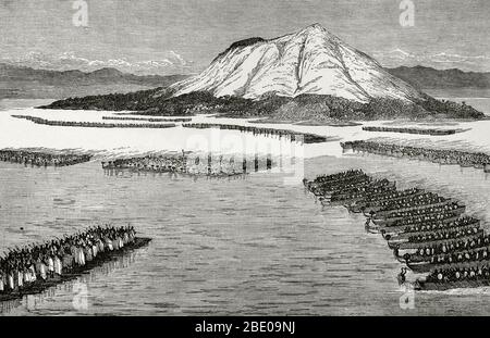 Combat naval fait fanit par la Waganda et le Wavuma, dans le canal entre l'île d'Ingira et le cap nakaranga. Banque D'Images