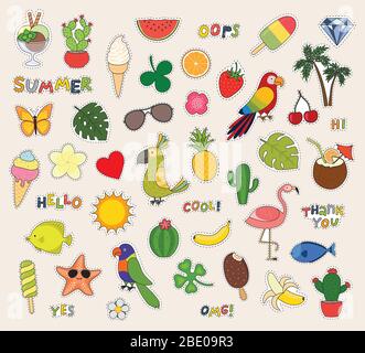 Bonjour l'été. Jeu de jolis autocollants palmiers, fruits, perroquet, crème glacée, soleil, cactus et autres. Illustration de Vecteur