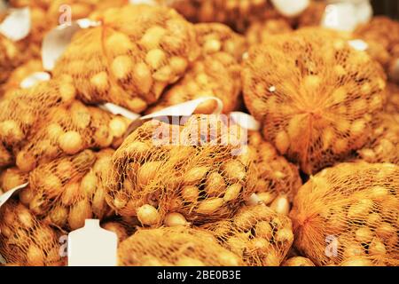 ampoules à fleurs pour la plantation dans une grille dans un magasin à vendre. Graines pour planter des plantes de maison et de jardin. Banque D'Images