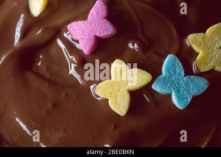 Décoration des papillons doux sur un gâteau au chocolat se rapproche toujours Banque D'Images