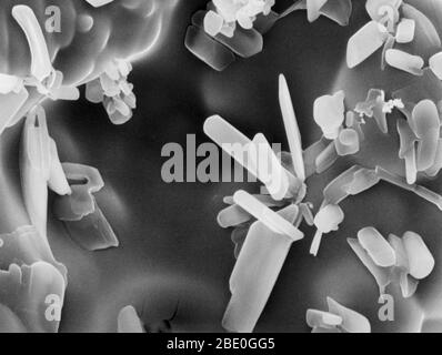 Micrographe électronique à balayage (SEM) d'une tablette d'aspirine. Les structures à facettes sont des cristaux qui sont communs à la surface du comprimé. Agrandissement : 4 000 x à 8 x 10'. Banque D'Images