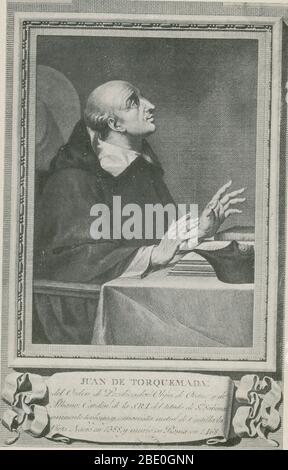 Juan de Torquemada (1388 - 26 septembre 1468) était un cardinal espagnol et théologien. À un âge précoce, il a rejoint l'ordre dominicain, et s'est rapidement distingué pour l'apprentissage et la dévotion. Au Conseil de Bâle, il était l'un des plus ablestes partisans du point de vue du pape Eugene IV et de la curie romaine. Il a été récompensé par le bureau de Maître du Palais sacré (1435, et plus tard par un chapeau cardinal (1439). Il a participé au Conseil de Florence, s'exprimant sur des questions théologiques impliquant les églises orientales et défendant la primauté du papal. Torquemada a soutenu la politique de croisade papale dans l'opp Banque D'Images