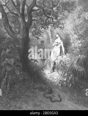 Illustration d'Adam et Eve et le serpent par Gustave Dore pour John Milton's Paradise Lost, Livre 9, lignes 784-85 : "Retour à la forêt slunk / le coupable serpent.' Banque D'Images