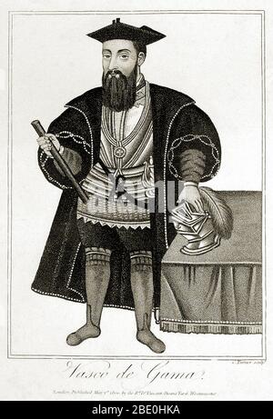 Vasco da Gama (1460 s - 24 décembre 1524) était un explorateur portugais et le premier européen à atteindre l'Inde par la mer. Son premier voyage en Inde (1497-99) fut le premier à relier l'Europe et l'Asie par une route maritime, reliant l'Atlantique et les océans indiens et donc l'Ouest et l'Orient. La découverte de la route maritime de da Gama en Inde a été significative et a ouvert la voie à une ère d'impérialisme mondial et à l'instauration d'un empire colonial durable en Asie par les Portugais. Son premier voyage en Inde est considéré comme une étape importante dans l'histoire mondiale. Banque D'Images