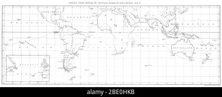 Carte de la route de H.M.S. Beagle, 1831-186. De l'annexe au récit des voyages d'arpentage des navires de sa Majesté Adventure et Beagle, entre 1826 et 1836, décrivant leur examen des côtes sud de l'Amérique du Sud, et de la circumnavigation du Beagle du globe, édité par R. Fitzroy et publié en 1839. Le Beagle a transporté Charles Darwin pendant le voyage qui a inspiré sa théorie de l'évolution. Charles Darwin (1809-1882) était naturaliste et géologue anglais. Il a établi que toutes les espèces de la vie ont été descendues avec le temps d'ancêtres communs, et Banque D'Images