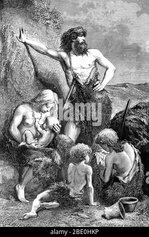 Un caveman ou troglodyte est un personnage de stock basé sur des concepts répandus de la façon dont les premiers humains préhistoriques peuvent avoir regardé et se comporter. Le terme caveman, parfois utilisé de manière colloque pour désigner les habitants de Neanderthal, provient des hypothèses sur l'association entre les premiers humains et les grottes, le plus clairement démontré dans la peinture de caverne ou les modèles de banc. Image prise à partir de la page 8 de 'Homme primitif' par Louis Figuier. Traduction révisée du français par Edward Burnet Tylor. Illustré par des scènes de vie primitive, 1870. Banque D'Images