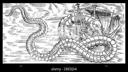 Les monstres marins sont des créatures mythiques ou légendaires, souvent considérées comme de taille immense. Les monstres marins peuvent prendre de nombreuses formes, y compris des dragons de mer, des serpents de mer ou des bêtes multi-armés. Ils peuvent être affliissants ou squameux et sont souvent photographiés menaçant des navires ou des jets d'eau de criée. L'image est apparue dans « le grand serpent de mer. Un traité historique et critique. Avec les rapports de 187 apparitions... les suppositions et suggestions des scientifiques et non scientifiques, et les conclusions de l'auteur, 1892. Banque D'Images