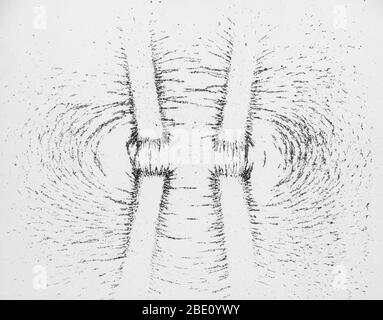 Vue latérale du résultat de champ de deux aimants en fer à cheval. Le champ se manifeste dans les lignes de flux des limaille de fer. Les interactions entre les dépôts les font s'accumuler dans les lignes d'arc dans le champ continu. Banque D'Images