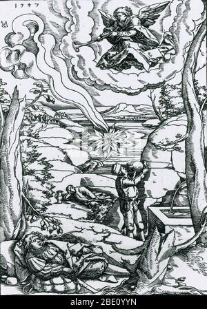 Matthias Gerung, Apocalypse Illustration, 1547, coupe de bois. Ce tirage représente le Wormwood étoile de l'Apocalypse 8:10-11: "Et le troisième ange a sonné et il y a tombé une grande étoile du ciel brûlant comme il était une lampe.... et le nom de l'étoile est appelé Wormwood." Banque D'Images