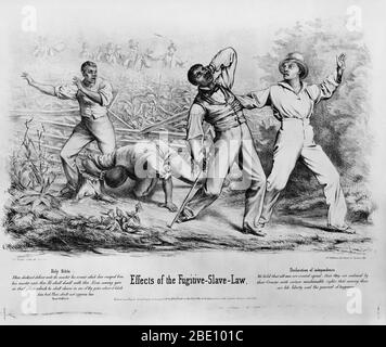 Effets de la loi fugitive des esclaves: Les hommes blancs sont montrés tirer et tuer des esclaves échappés. La loi fugitive sur les esclaves a été adoptée par le Congrès des États-Unis le 18 septembre 1850. La Loi était l'un des éléments les plus controversés du compromis de 1850 et a accru les craintes du Nord d'une conspiration de la puissance des esclaves. Il a exigé que tous les esclaves échappés, lors de la capture, soient retournés à leurs maîtres. Au moment des abatteurs fugitifs des esclaves, le Nord se déplace davantage dans la direction de l'abolition. La loi fugitive sur les esclaves a déclaré que chaque citoyen était responsable de contribuer à la récupération et au retour de sla fugitif Banque D'Images