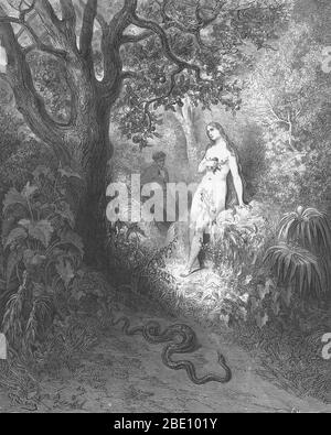 Illustration d'Adam et Eve et le serpent par Gustave Dore pour John Milton's Paradise Lost, Livre 9, lignes 784-85 : "Retour à la forêt slunk / le coupable serpent.' Banque D'Images