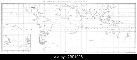 Carte de la route de H.M.S. Beagle, 1831-186. De l'annexe au récit des voyages d'arpentage des navires de sa Majesté Adventure et Beagle, entre 1826 et 1836, décrivant leur examen des côtes sud de l'Amérique du Sud, et de la circumnavigation du Beagle du globe, édité par R. Fitzroy et publié en 1839. Le Beagle a transporté Charles Darwin pendant le voyage qui a inspiré sa théorie de l'évolution. Charles Darwin (1809-1882) était naturaliste et géologue anglais. Il a établi que toutes les espèces de la vie ont été descendues avec le temps d'ancêtres communs, et Banque D'Images