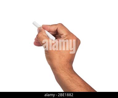 Avec une craie à la main isolé sur fond blanc Banque D'Images