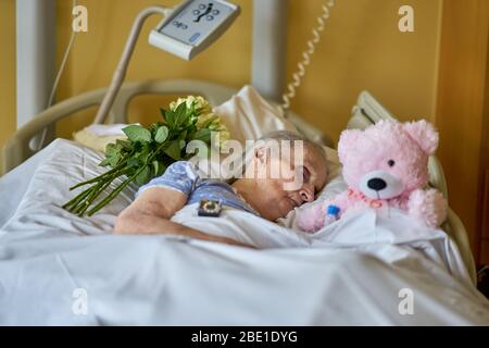 Une femme est en train de mourir dans un lit d'hôpital, entourée d'un teddybear à un œil et de roses jaunes. Banque D'Images