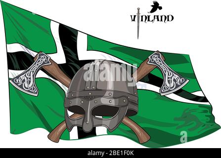 Le casque d'un Viking a traversé des axes de bataille sur le fond du drapeau de Vinland Illustration de Vecteur