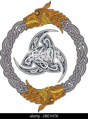 Dragons d'or en couronne d'argent avec Triple corne d'Odin décoré avec des ornements scandinaves Illustration de Vecteur