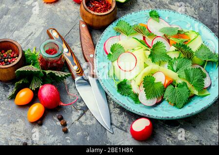 Salade diététique avec concombre, radis, tomate et feuilles d'ortie.alimentation saine.salade de printemps.nourriture végétarienne. Banque D'Images