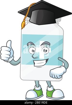 Concept de mascotte de bouteille de supplément portant fièrement un chapeau de graduation noir Illustration de Vecteur