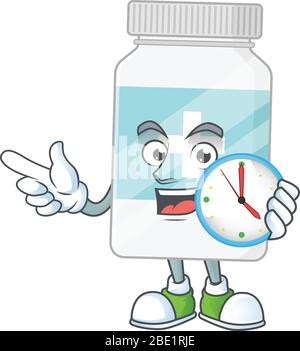 Concept de mascotte en bouteille supplémentaire tenant une horloge circulaire Illustration de Vecteur