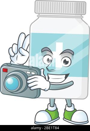 Complément bouteille photographe mascotte design concept utilisant un appareil photo cher Illustration de Vecteur