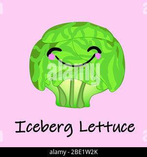 Illustration de dessin animé d'une laitue Iceberg heureuse. Illustration vectorielle d'une laitue iceberg isolée avec une texture colorée et un visage souriant heureux. Illustration de Vecteur