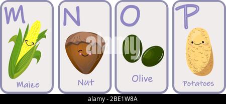 Illustration avec des caractères bizarres. Police pour enfants dans LES LÉGUMES de style dessin animé . Ensemble de lettres lumineuses multicolores pour les inscriptions ET L'ENTRAÎNEMENT Illustration de Vecteur