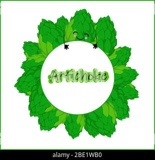 Autocollant ou logo pour thé d'artichaut, légumes frais et autres aliments sains. Des personnages mignons. Illustration de Vecteur