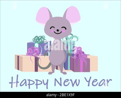 Signe chinois du zodiaque année du rat, mignons souris avec des cadeaux et des voeux. Illustration de Vecteur