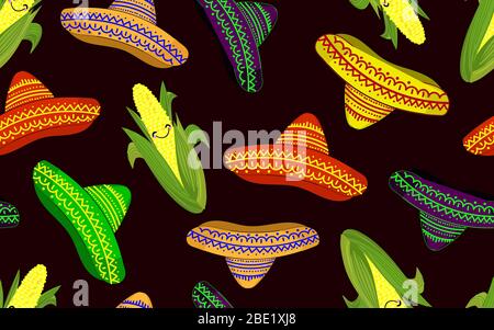 Motif dans le style mexicain. Motif sans couture avec sombrero et maïs. Peut être utilisé comme arrière-plan, papier d'emballage, couvertures, tissus, etc. Illustration de Vecteur
