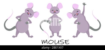 Différents caractères de souris dans les poses. Animal de souris, rongeur de rat. Illustration vectorielle gaie. Illustration de Vecteur