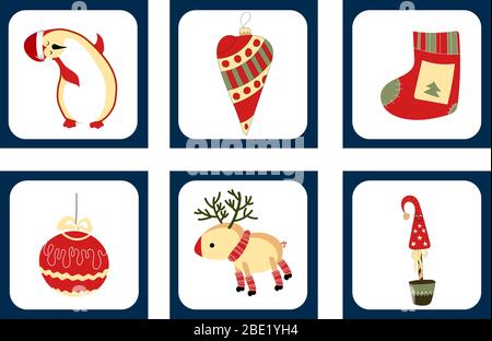ensemble de jolies cartes de noël avec éléments de noël. Pingouin, arbre de Noël, cadeaux et boules de Noël. Illustration de Vecteur