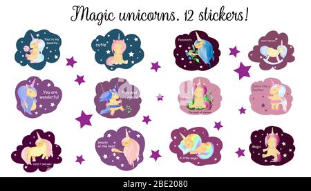 Un jeu d'autocollants pour enfants unicorns . contient 12 éléments. Créatures fabuleuses. Mon petit poney. Pour les filles. Impression de t-shirt. Illustration de Vecteur