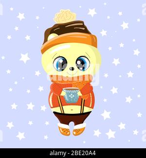 joli petit ours blanc dans la neige. il tient une tasse de boisson chaude. fond bleu. Illustration de Vecteur