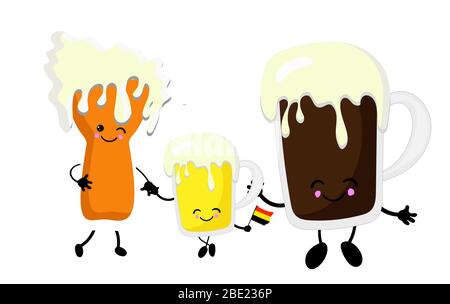 famille de trois bières. clair, sombre et pas de l'artisanat. Fond blanc avec drapeau allemand. Caractères avec yeux, jambes et snoop. Illustration de Vecteur