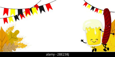 FOND BLANC POUR LE FESTIVAL ALLEMAND DE LA BIÈRE.Publicité de la fête de la bière traditionnelle avec un verre de bière et de bretzels. Illustration de Vecteur