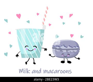 Mignons personnages de dessin isolé sur blanc: Milkshake macaron.. Illustration de Vecteur