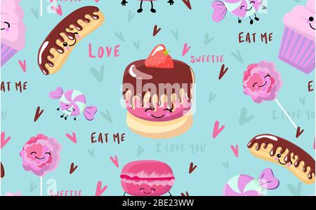 Vecteur été sans couture, desserts sucrés, glace, popsicle, gâteau et cupcakes. Lettres d'amour. Illustration de Vecteur