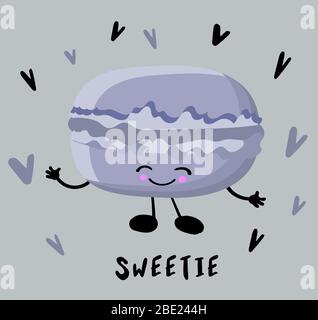 gâteau macaron aux yeux et sourire sur fond gris. inscription chéri. Illustration de Vecteur