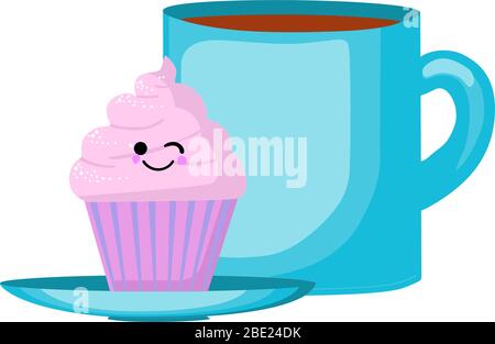 Dessin animé kawaii sucré alimentaire - modèles de cartes avec gâteau de cerise ou cupcake, porridge avec lait, biscuits de chocolat avec thé ou café sur fond blanc Illustration de Vecteur