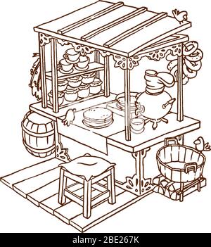 Magasin isométrique avec vitrine en noir et blanc. Page de coloration du marché alimentaire dessinée à la main. Illustration de Vecteur