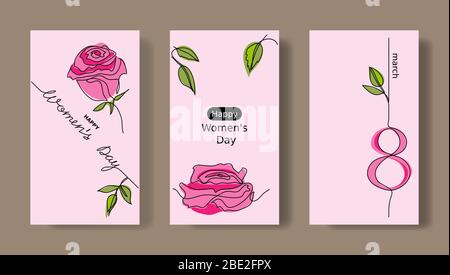 Ensemble de cartes de vœux pour femme. Médias sociaux, modèles d'histoires avec roses. Jeu de cartes roses du 8 mars. Illustration de Vecteur