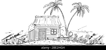 Le dessin vectoriel de dessin de dessin de dessin de dessin conceptuel de l'homme heureux profitant de vivre seul sur une petite île tropicale, isolée de la civilisation, alors que la civilisation souffre de la guerre et de la crise. Illustration de Vecteur