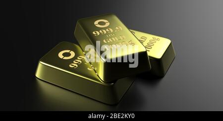Barres dorées sur fond noir. Lingots d'or vue rapprochée de poids de 1 000 g. Richesse, réserve, succès commercial et concept financier. illustrateur en relief Banque D'Images