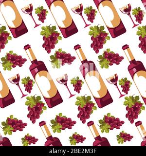 Bouteille de vin avec étiquette et motif sans couture de raisin frais Illustration de Vecteur